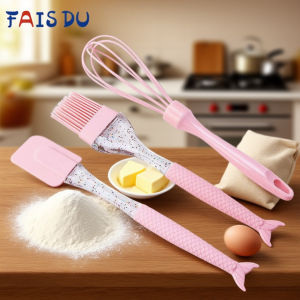3pcs Mini Silicone Cooking Tools SetPink Mermaid Shape Silicone Spatula Egg Beater Silicone Brush for BakingCooking and Mixing