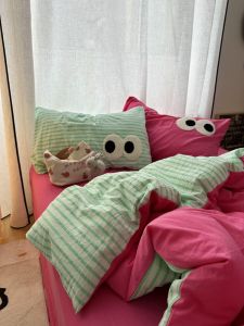 Dopamine Color Matching Young Adult Rose Red Stitching Stripes Fusion Washed Cotton Bed Four-Piece Set Bed Sheet Student Three-Piece Set