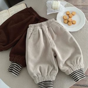 Boys Girls Corduroy Fleece Lined Cuffed Pants Thick Warm Casual Trousers Kids Fashion Original Style Winter Season Long Pants