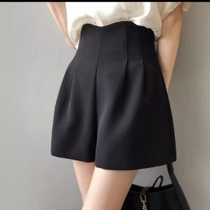 Black High Waist A-Line Wide Leg Pants Womens Summer Short Shorts Suit Casual Outerwear Bootleg Pants Korean Style Commute