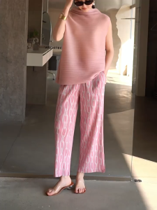 Phụ nữ xếp li quần rách kích thước tự do chuỗi in Thắt lưng co giãn #3916