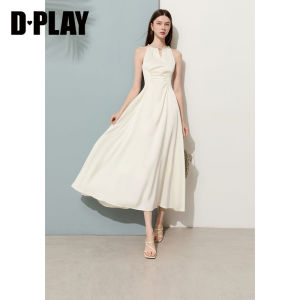 D-PLAY | Elegant Off-White Satin Round Neck Maxi Dress