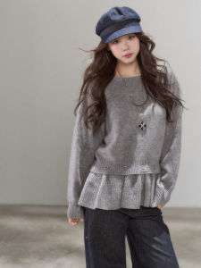YIKEXIAOYEMEI | Áo Sweater Len Tay Dài Xám Có Nếp Nhăn
