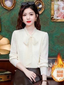 New Chinese Style Fashionable Fleece Lined Thickened Womens Shirt Butterfly Knot Lace Blouse Autumn Winter New Inner Wear Base Shirt