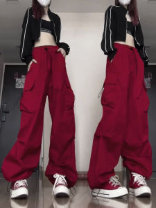 Quần Ống Đứng Màu Đỏ Cạp Cao Cho Nữ Mùa Xuân Thu 2025 Quần Ống Rộng Rộng Rãi Thoải Mái Dài Đến Sàn