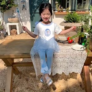 Summer Short Sleeves Tee Shirts tulle tutu layer Dress and Leggings Set for Kids Frozen MyMelody Princess