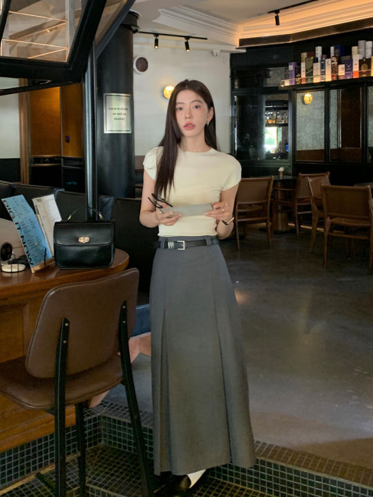 Váy Dài Xếp Ly Màu Xám Halo Luu Phong Cách Hàn Quốc Thanh Lịch Mùa Hè Mới Váy Midi Chữ a Cạp Cao Bằng Polyester Và Viscose