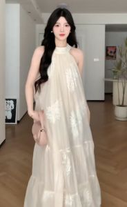 CHANGTONG | French Style Unique Embroidered Halter Neck Sleeveless Off-Shoulder Dress