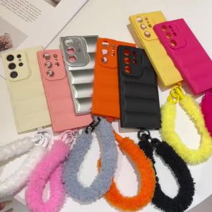 Luxury Furry Lanyard Down Jacket Case for Samsung Galaxy S25 Ultra S24 FE S22 S23 Plus A55 A56 A16 A54 A35 A15 Wrist Strap Cover