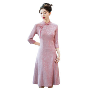 Red New Chinese Style Young Girl Short Size Wedding Dress Evening Gown Retro Style Warm Seven Sleeve Midi Skirt Daily Wear