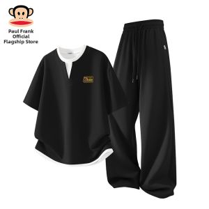 Paul Frank | Summer Mens Set Waffle Texture Fake Two-Piece T-shirt Ice Silk Pants