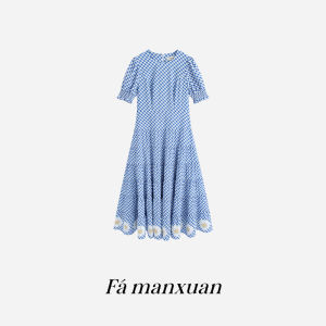 FAMANXUAN | Đầm Dài Ôm Phối Họa Tiết Caro Xanh Pháp và Trắng
