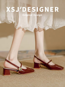 LIQIXIEFANG | Leather French Style Chunky Heel Buckle Strap Square Toe Sandals