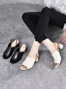 Fashionable Soft Leather Fish Mouth Sandals Thick Heel mid Heel Roman Back Empty Versatile Summer Womens Shoes Casual Occasions