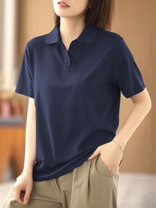 Summer Versatile Slimming Collared Short Sleeve T-Shirt plus Size Casual Loose Retro Polo Design Womens Cotton Top