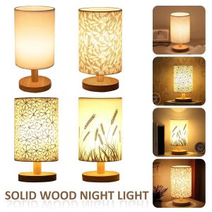 USB Bedside Lamp Night Lights Table Lamp For Bedroom Wooden Desk Lamp Bedside Night Light with Cylinder Lamp Shade Home Decor