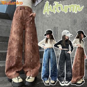 Rolanko Girls Denim Wide-Leg Pants Kids Fashion Baggy Jeans Red Brown Ripped Trousers Elastic Waist Daily Casual Wear Bottoms 5-16 Years