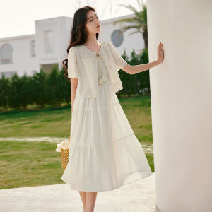 White Silk Dress Set Womens Summer 2025 New Open Cardigan Outerwear Artistic Two-Piece Set round Neck Short Sleeve Online Exclusive