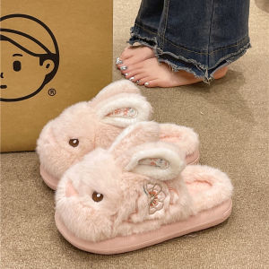 Cute Rabbit Fleece Lined Thick Bottom Cotton Slippers Indoor Home Warmth Youth Velvet Upper EVA Bottom Winter New Style