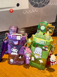520ML Water Bottle Cinnamoroll Kuromi Cartoon Portable Bottle Double Drinking Cup Straw Cup With Strap