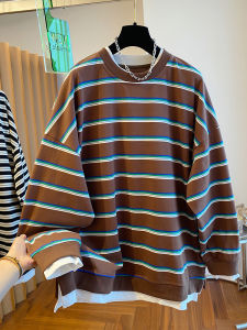 plus Size 300 Pounds American Stripe Fake Two-Piece Hoodie Womens New 2024 Spring Autumn Loose Top Casual Comfortable Sweatshirt