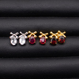 6x4 มิล เรื่อนเงิน ต่างหูพลอยแท้ ไวท์โทปาส ทับทิม โกเมน 92.5% ชุบทอง