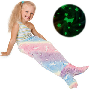 เด็กเรืองแสงใน Dark ผ้าห่ม Soft Flannel หางนางเงือกผ้าห่ม Rainbow Ombre ปลาออกแบบสําหรับถุงนอนหญิงใหม่