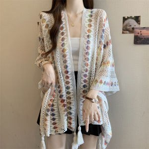 WANGGONGZHU | เสื้อคาร์ดิแกนถักลายทางสีสันสดใสสำหรับผู้หญิงในฤดูร้อน 2025 ขนาดใหญ่ พร้อมหางยาว แฟชั่นอเนกประสงค์ เสื้อคลุมแบบสวมสบาย