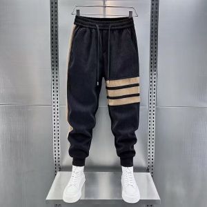 Autumn and Winter Men New Arrival Fleece-lined Thickened Three-Pole Track Sweatpants Elastic Waist Stripes Elastic Ankle-Tied Casual Pants