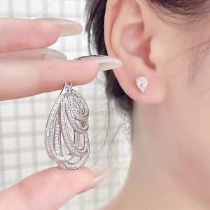 Sequito nữ tinh tế mạ bạc đồ trang sức paved Tiny shinning AAA Zircon lập phương đối xứng cánh engagement Hollow Khuyên tai hình giọt hai phong cách mặc se934
