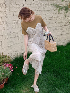 Fashionable round Neck Lace Hollow out Dress Midi Skirt Fake Two-Piece Summer New Arrival Polyester Fiber High Waist A-Line Skirt