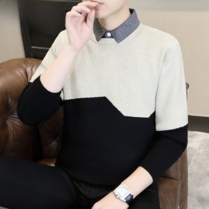 HENGYUANXIANG | Mens Thickened Knitted Sweater Fashionable Urban Style Winter Base Layer Shirt Collar Warm Comfortable Casual Striped Design