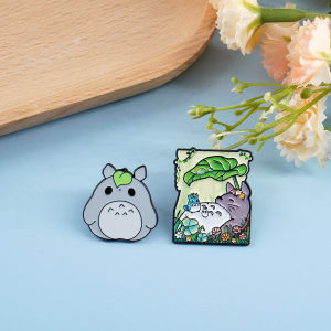 Bandai | 2Pcs Cartoon Totoro Enamel Pins Metal Brooch Lapel Badge Leaf Totoro Pin Backpack Clothes Decorative Jewelry Gift For Anime Fans