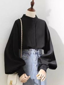 เสื้อเชิ้ตคอตั้งแขนยาวสีดำหลวมๆ สไตล์เกาหลี ดีไซน์กระโปรงทรงหลวม สำหรับผู้หญิง เสื้อเชิ้ตทรงเข้ารูปขนาดเล็ก