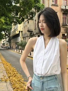 BINKAFENNY | Áo Blouse Eo Vòng Trắng Dáng Xệ Vai Ống Sơ Mi Không Tay