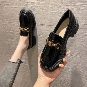 Leather One Pedal Loafers 2023 Spring New All-Match Platform Leather Shoes Casual Black Patent Leather Single-Layer Shoes for Women