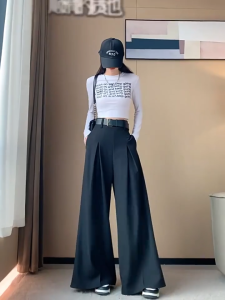 Korean Loose Elastic Long Suit Pants For Women High Waist Wide Leg Trousers