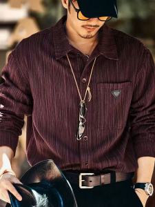 Áo Sơ Mi Nam Dáng Rộng Màu Đỏ Rượu Vang Phong Cách Mỹ Cổ Điển Mới Mùa Thu Sọc Tre Cao Cấp Thời Trang Công Sở Thường Ngày