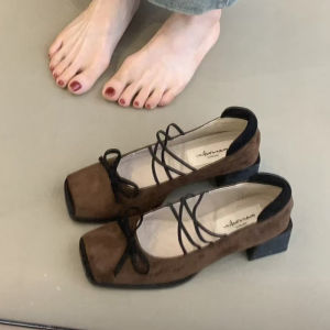 Retro Green Thick Heel High Heels Womens Slip-On Square Head Single Shoes Leather Version French Mary Janes Fashion Shoes