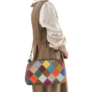 BeeGreen Women Colorful Checkboard Shoulder Bag Genuine Leather Underarm Bag Casual Handbag Versatile Sling Bag