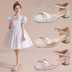 Princess High Heels for Girls Children Performance Show Shoes Crystal Slippers Korean Style round Head Soft Leather Shoes