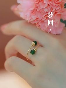 24k Saudi Gold Pawnable Natural Green Jade Opal Open Ring Clear Retro Adjustable Ring