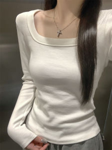 Áo Thun Nữ Dáng Ôm Cổ Vuông Tay Dài Mùa Xuân Thu Phong Cách Hàn Quốc Màu Trơn Chất Liệu Khác Thường Ngày