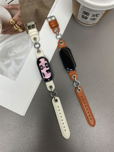 Uhada Metal Link Leather Strap Smart Watch Band for Xiaomi Mi Band 8 Womens Fashion Retro Hollow Circle Universal NFC Compatible