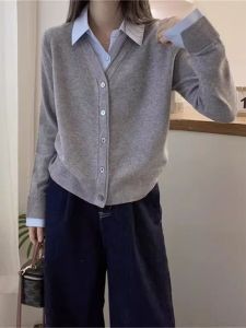 Outlets First-Line Big Brand Big Sale Leak-Picking Knitwear Cardigan Womens Long Sleeve Spring and Autumn Chic Fake Two-Piece Tops