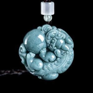 Natural A-grade Ice Jade Blue Wealth PIXIU Carving Round Pendant for Men with Certificate
