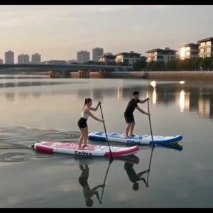 320cm Inflatable PVC Paddle Board for Recreational Rowing - Blue and white design - Suitable for water exercises - Urban waterfront scene