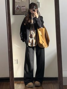 กางเกงกีฬาผ้าฝ้ายแท้สีดำสำหรับผู้หญิง กางเกงขายาวทรงตรง ทรงหลวม สไตล์เกาหลี กางเกงขายาวทรงตรงสำหรับผู้หญิง