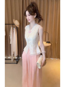 SHANGSHA | Stylish Traditional Style White Lace Embroidery Vest Set for Petite