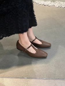 รองเท้าส้นแบน Mary Janes สไตล์ฝรั่งเศสวินเทจสำหรับผู้หญิง ทรงหัวเหลี่ยม ส้นแบน รองเท้าสวมสบาย สำหรับใส่กับถุงเท้า